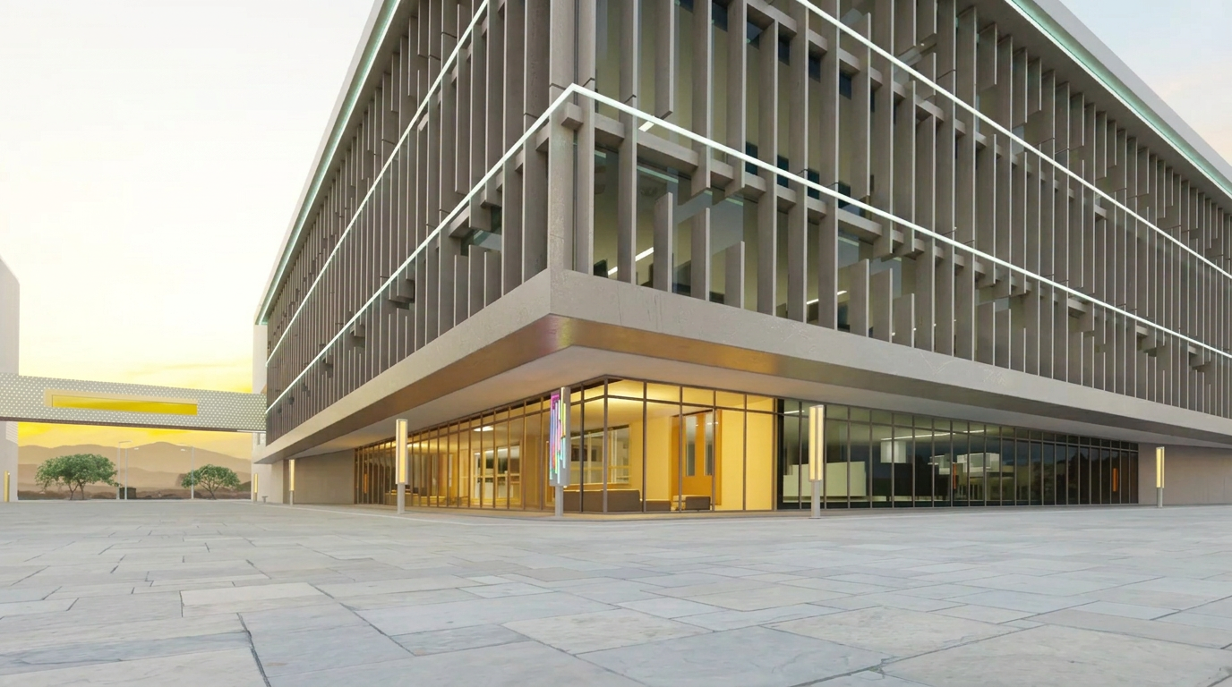 Edifício corporativo moderno com fachada de vidro em um fim de tarde claro