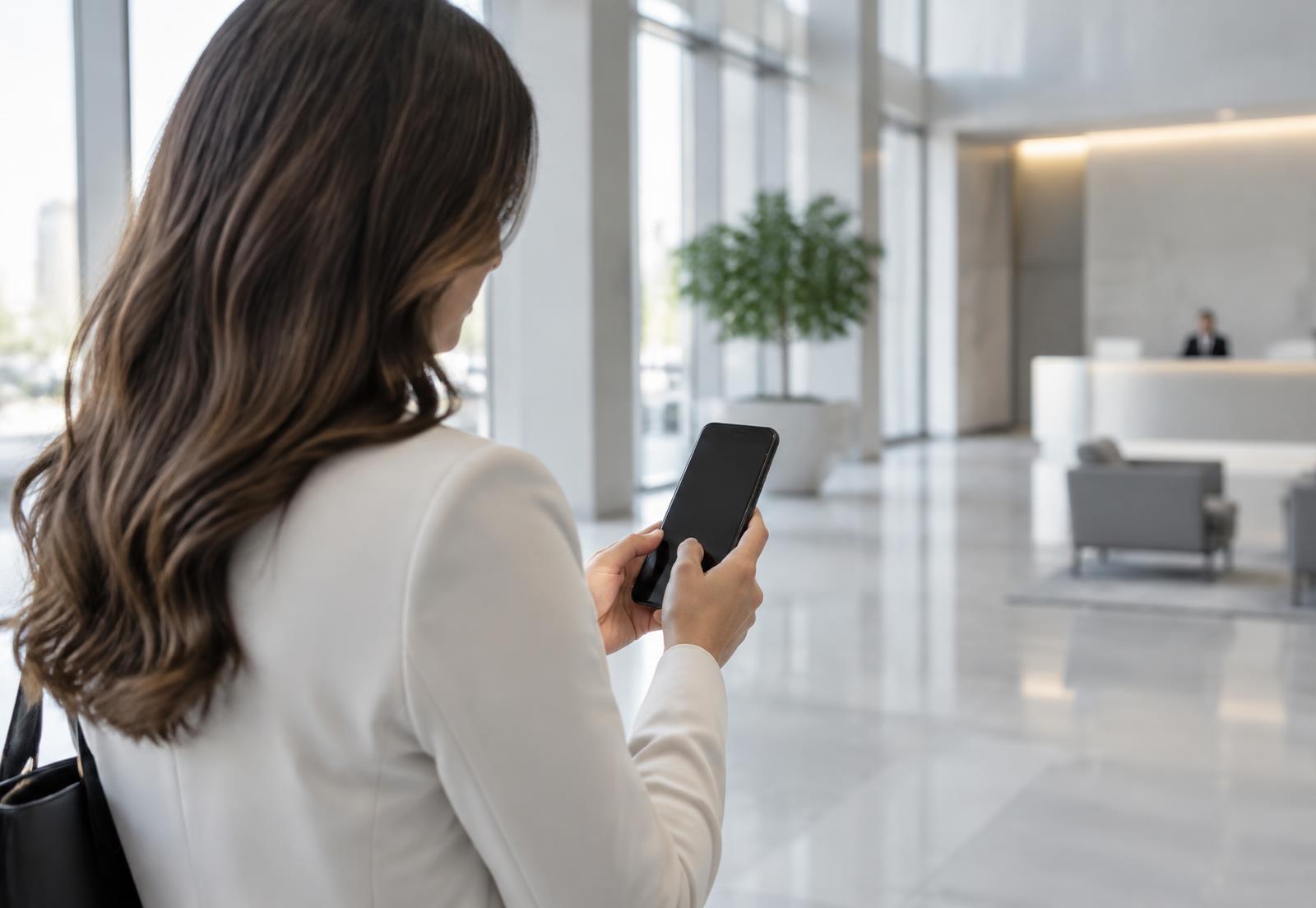 Profissional utilizando plataforma CAFM da Uaipe pelo celular em um edifício corporativo