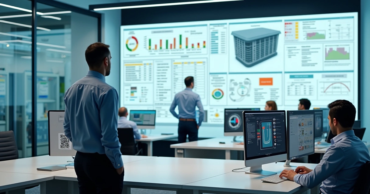 Gestor de facilities monitorando ativos em painel digital com QR Codes