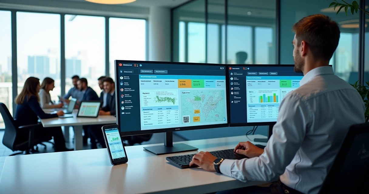 Gestor de facilities analisando dashboard de FM software em tela ampla com equipe ao fundo